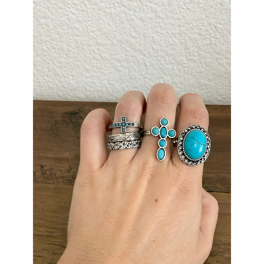 Shyanne Womens Silver Turquoise Stone Cross 5‎ Piece Ring Set Western Boho